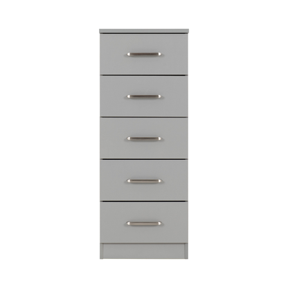 Dakota 5 Drawer Narrow Chest – Light Grey, Compact Bedroom Storage