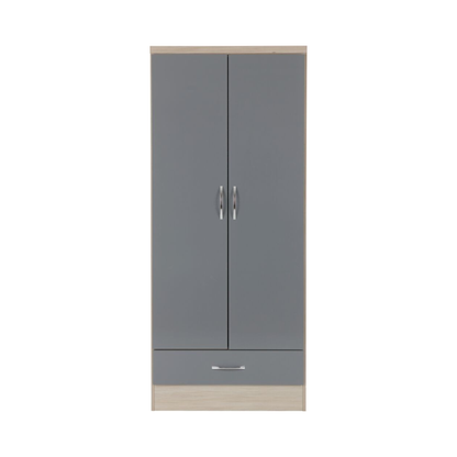 Nevada 2 Door 1 Drawer Wardrobe – Grey Gloss & Oak