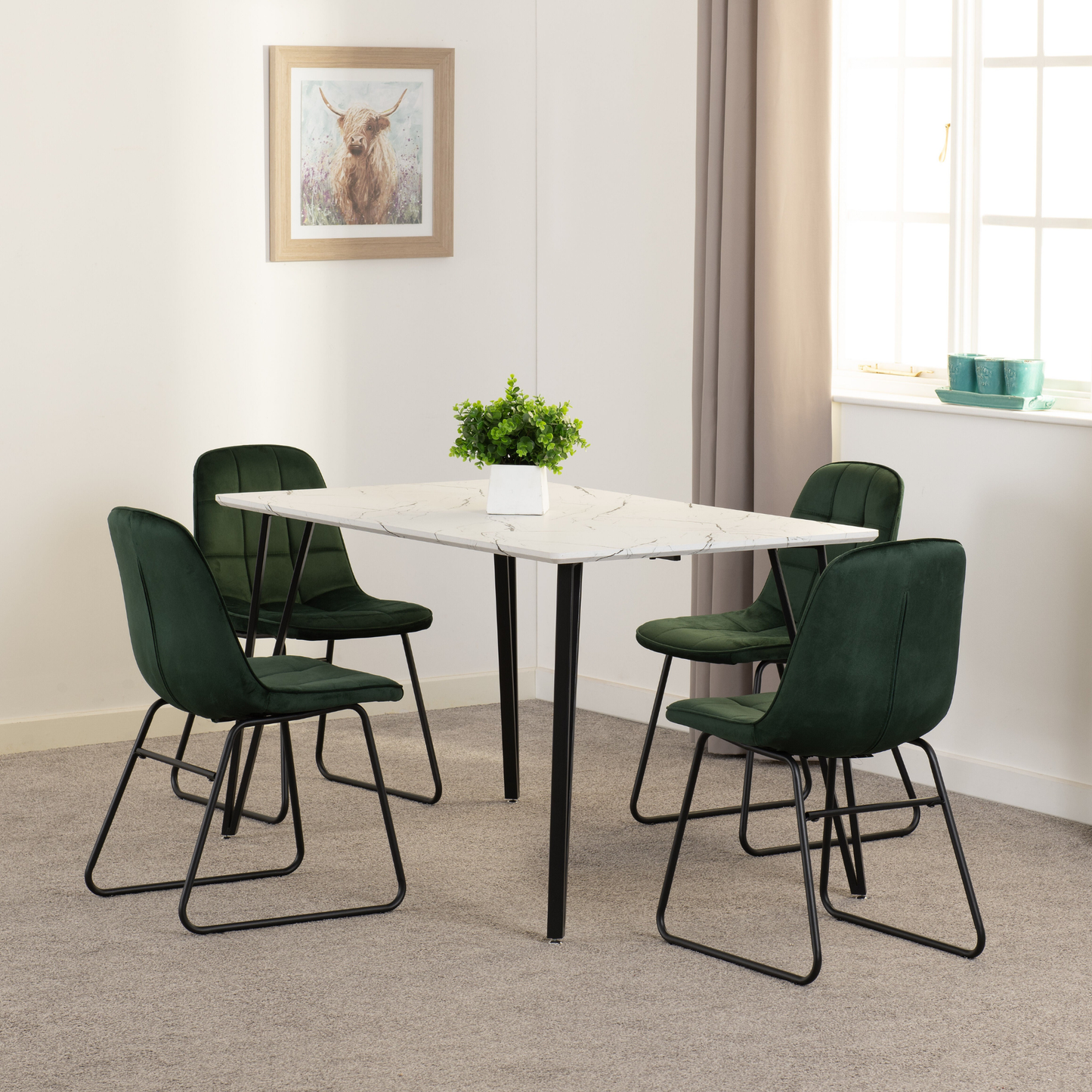 Marlow & Lukas Dining Set – White Marble & Emerald Green Velvet