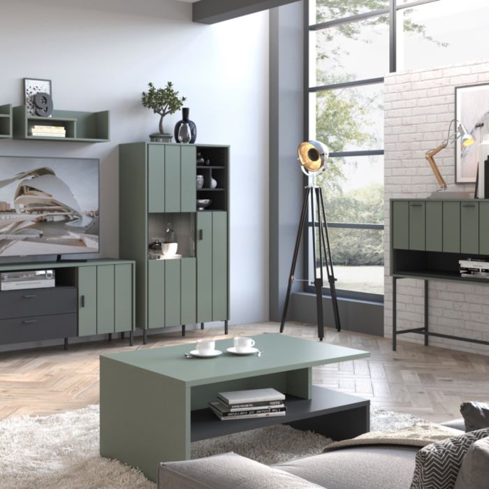 A-Line Display Cabinet with 2 Drawers and 2 Shelves in White Oak
