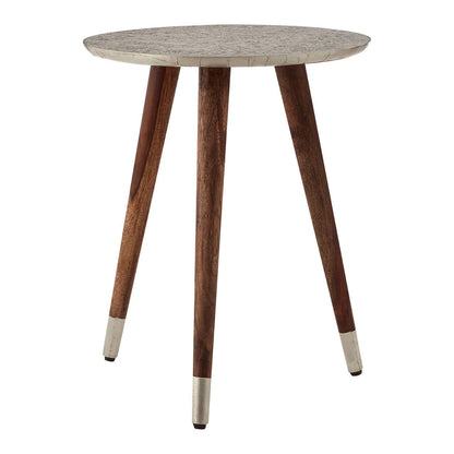 Boho White Finish Carved Metal Top Side Table