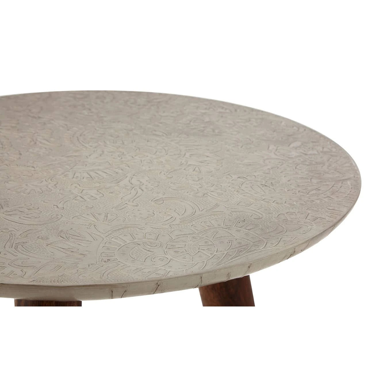 Boho White Finish Carved Metal Top Side Table