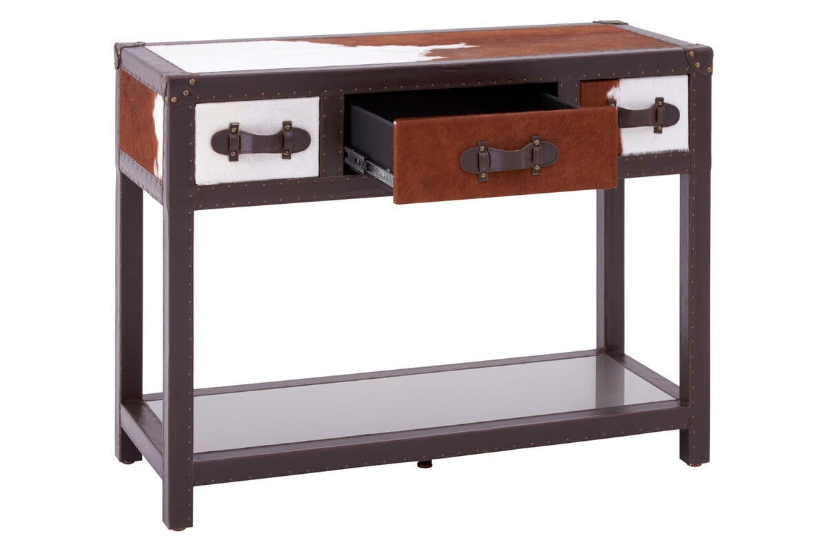 Kensington Townhouse Brown And White Genuine Cowhide 3 Drawer Table