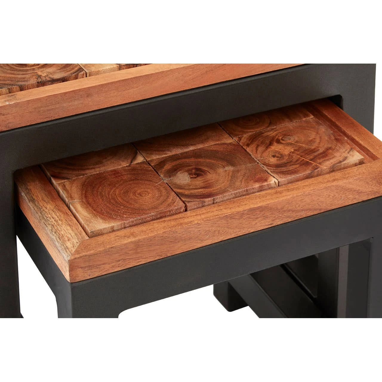 Artisan Set of Three Acacia Wood and Metal Nesting Tables