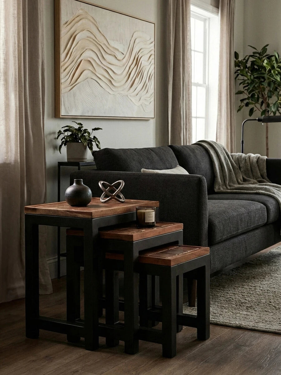 Artisan Set of Three Acacia Wood and Metal Nesting Tables