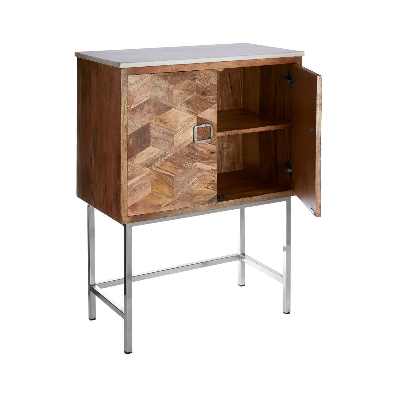 Nirav Marble and Mango Wood Geometric Design Cabinet