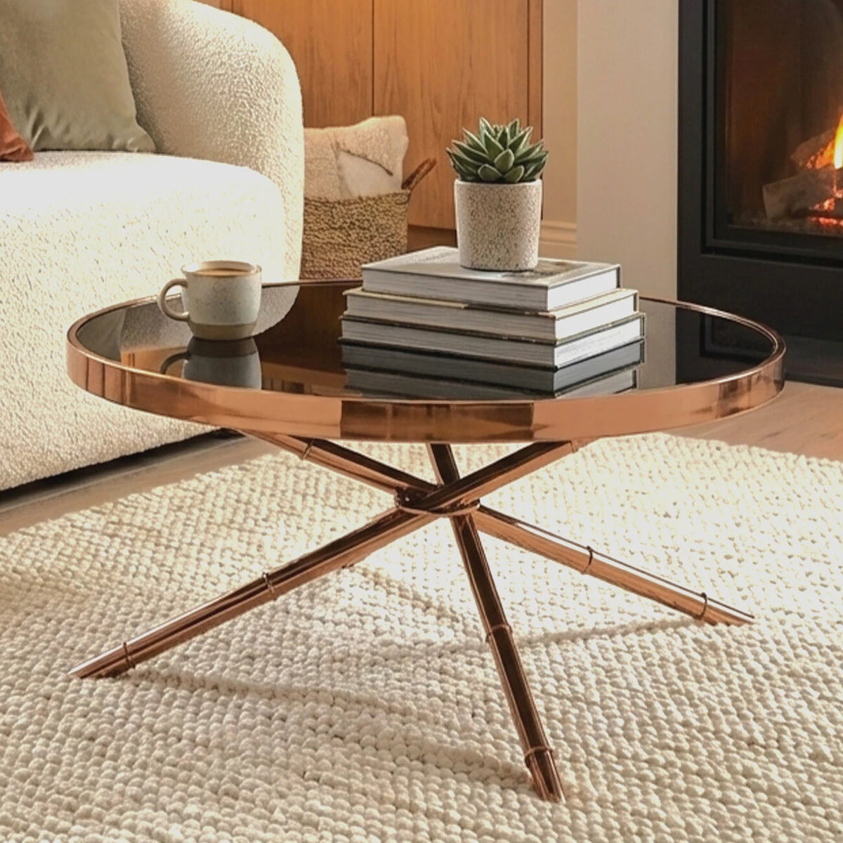 Alvaro Round Coffee Table with Rose Gold Legs and Black Glass Top