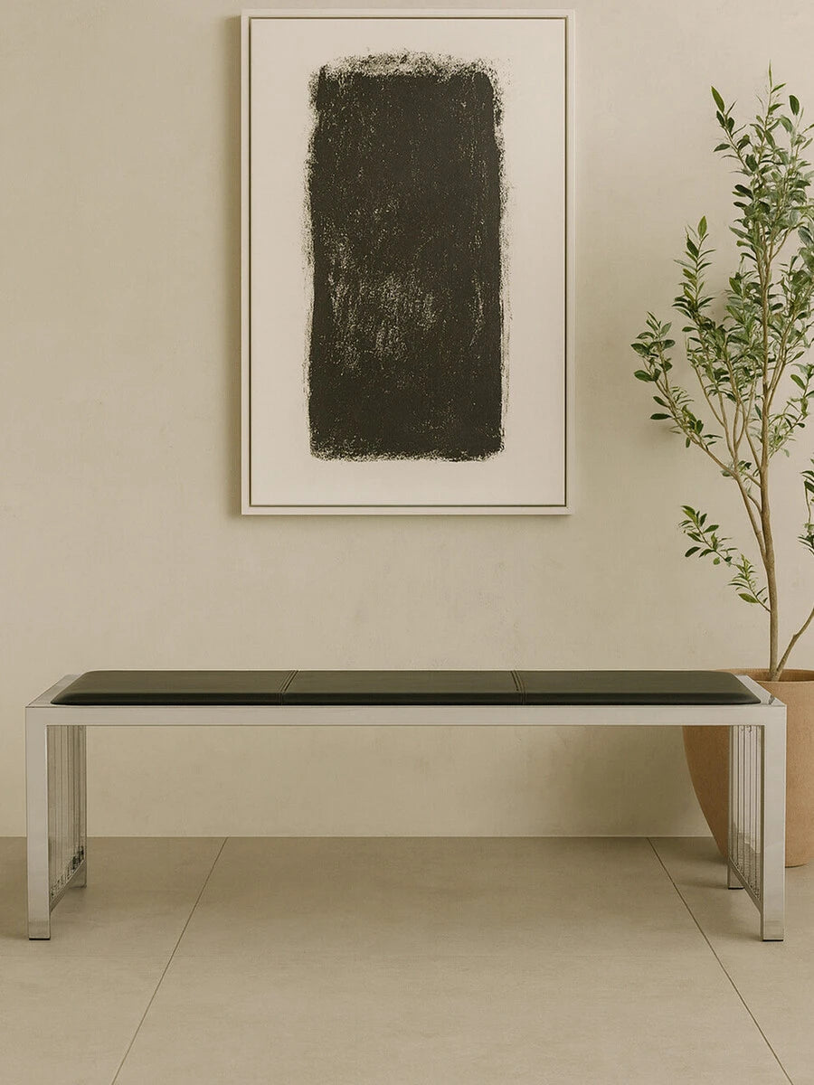 Novara Black Leather Bench with Stainless Steel Frame