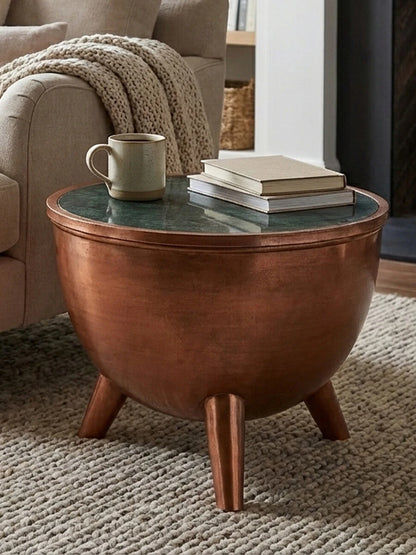 Crest Copper Bowl Shape Coffee Table with Green Marble