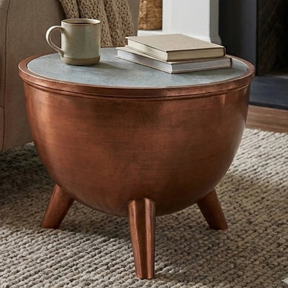 Crest Copper Bowl Shape Coffee Table with Green Marble