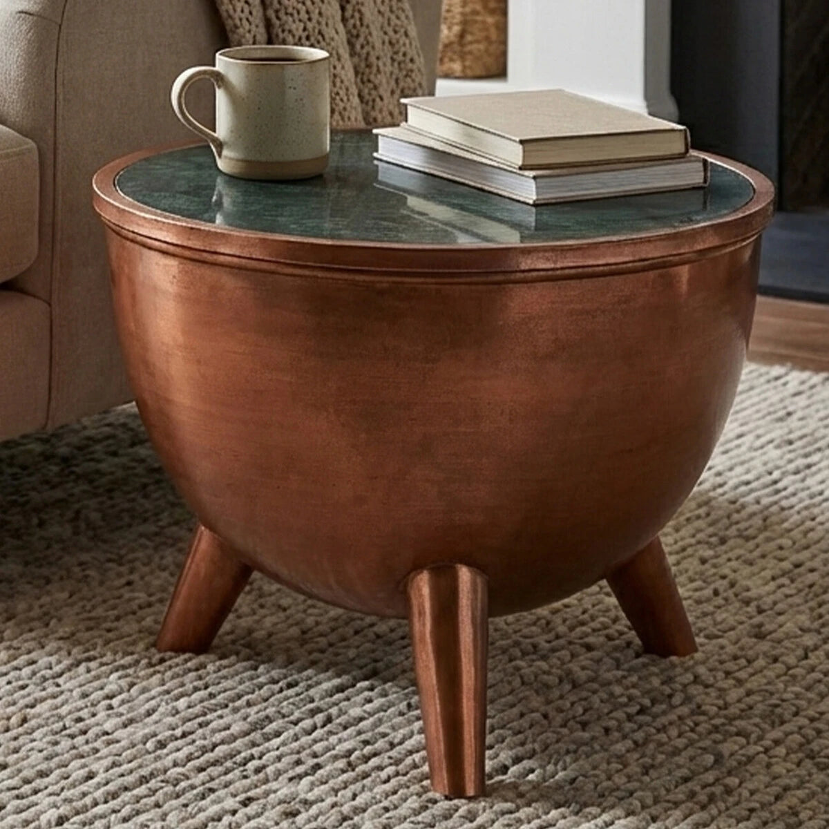 Crest Copper Bowl Shape Coffee Table with Green Marble