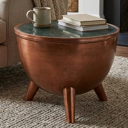 Crest Copper Bowl Shape Coffee Table with Green Marble