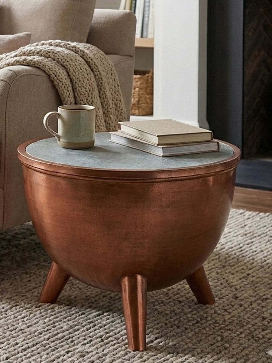 Crest Copper Bowl Shaped Coffee Table with White Marble