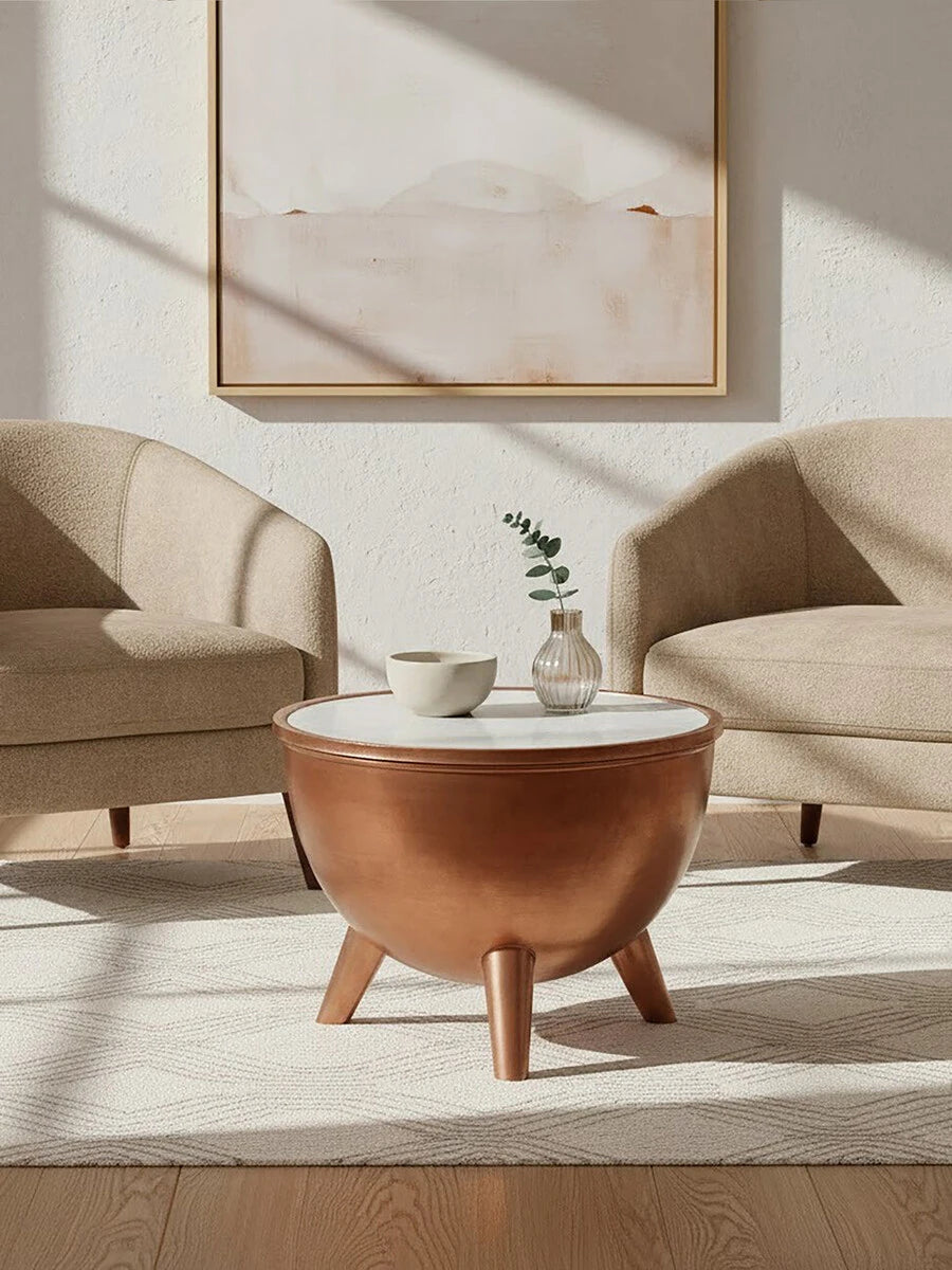 Crest Copper Bowl Shaped Coffee Table with White Marble