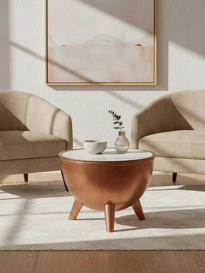 Crest Copper Bowl Shaped Coffee Table with White Marble