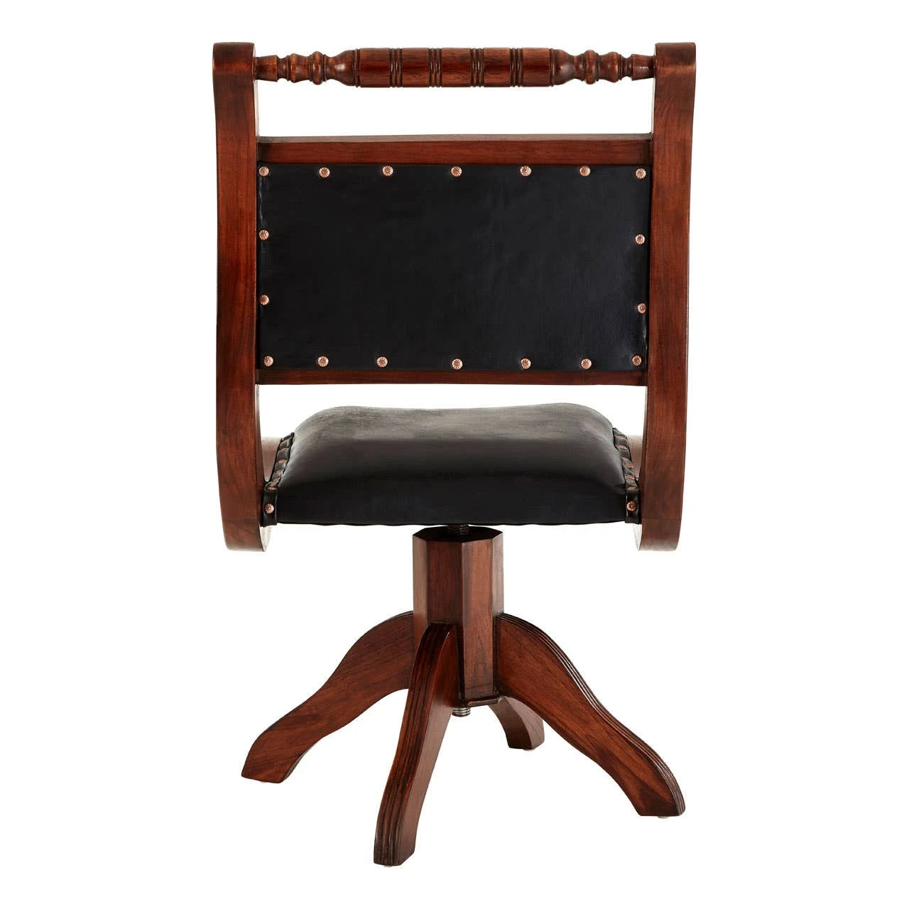 Inca Black Leather and Teak Wood Swivel Chair