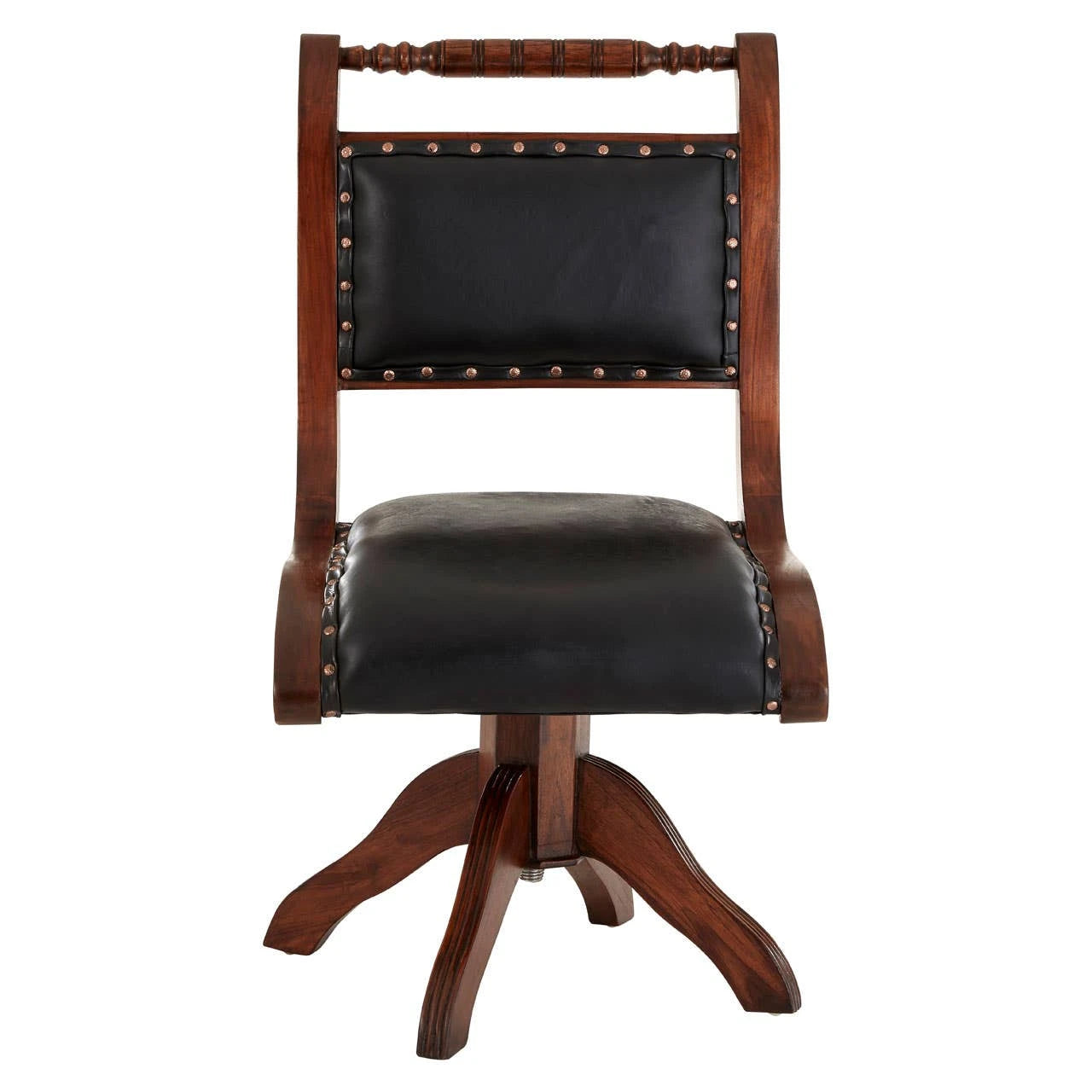 Inca Black Leather and Teak Wood Swivel Chair