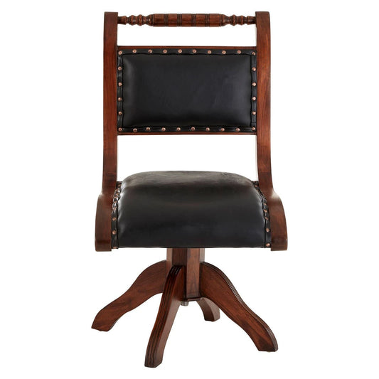 Inca Black Leather and Teak Wood Swivel Chair