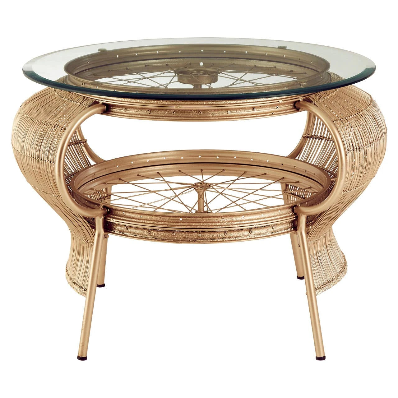 Mantis Champagne Gold Finish Bicycle Wheel Design Coffee Table
