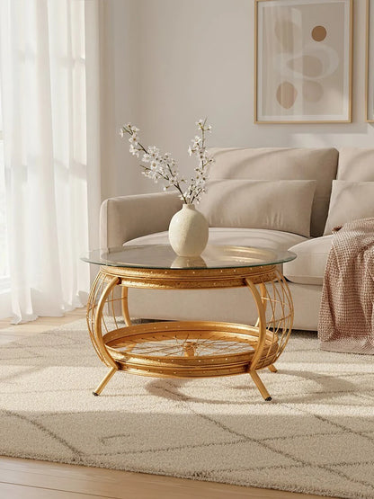 Mantis Gold Finish Bicycle Wheel Coffee Table