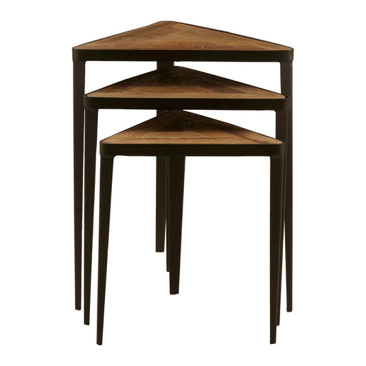 Elmo Elm Wood and Iron Set Of 3 Triangular Tables