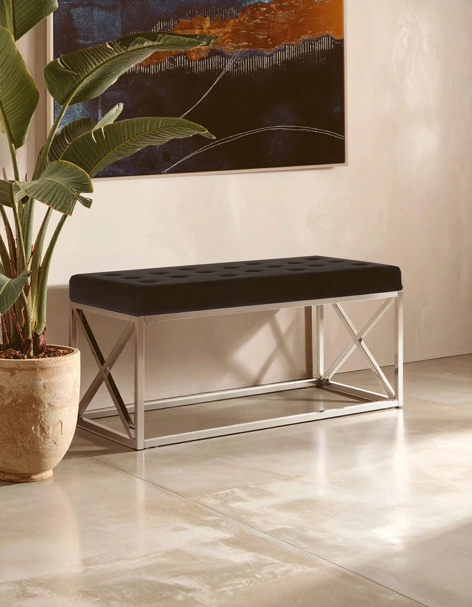 Allure Black Tufted Seat And Silver Finish Bench