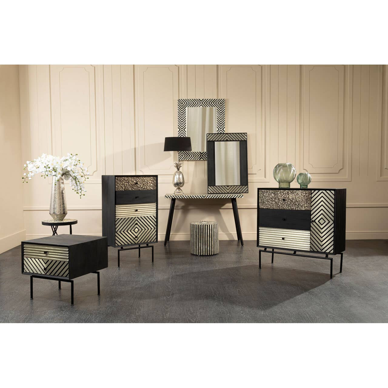 Boho Black and White Bone Inlay Console Table with Metal Legs