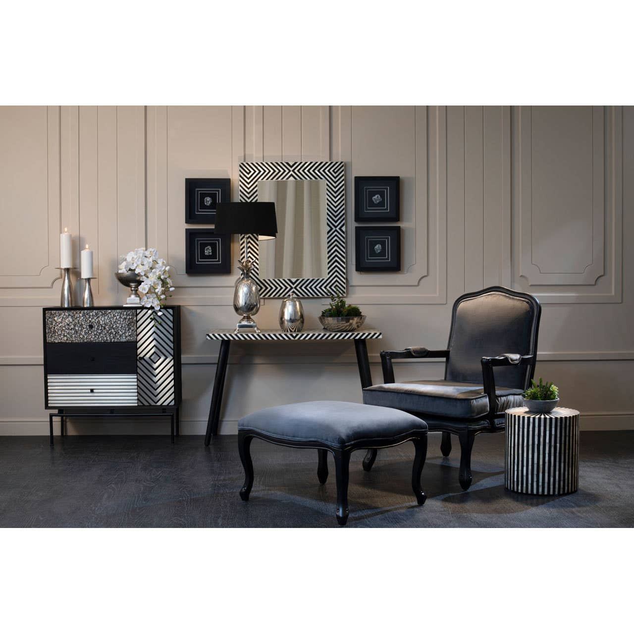 Boho Black and White Bone Inlay Console Table with Metal Legs