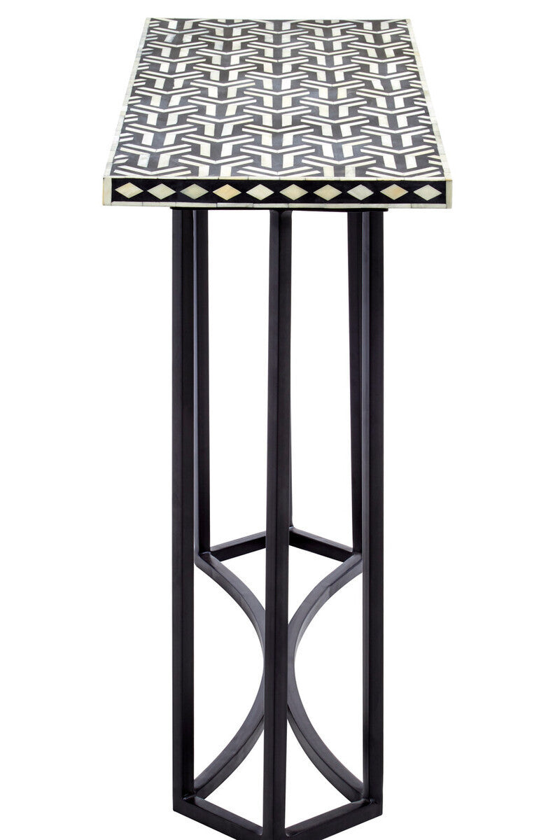 Boho Black and White Bone Inlay Console Table With Metal Base