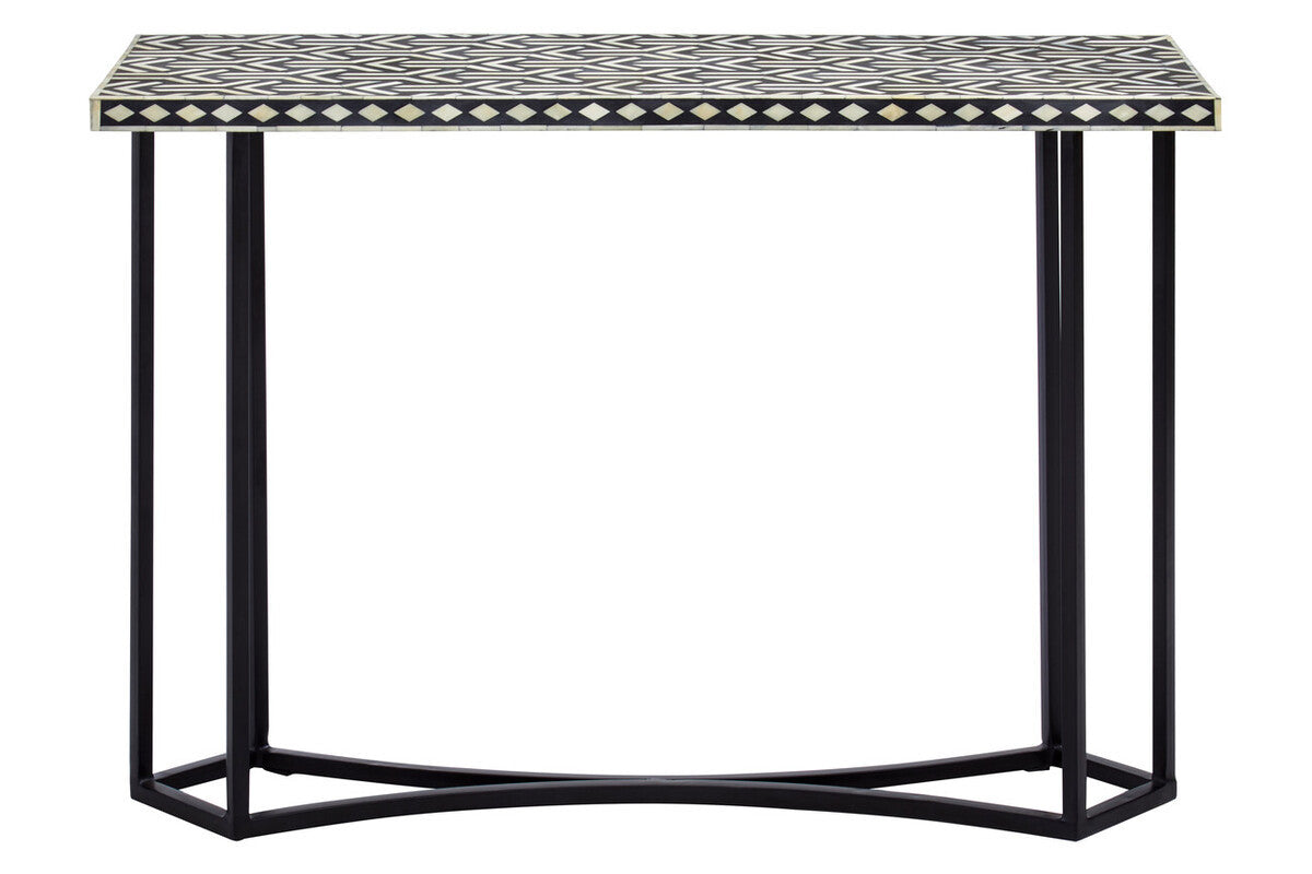 Boho Black and White Bone Inlay Console Table With Metal Base