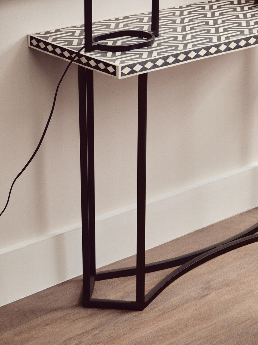 Boho Black and White Bone Inlay Console Table With Metal Base
