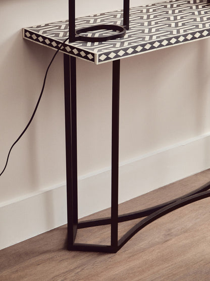 Boho Black and White Bone Inlay Console Table With Metal Base