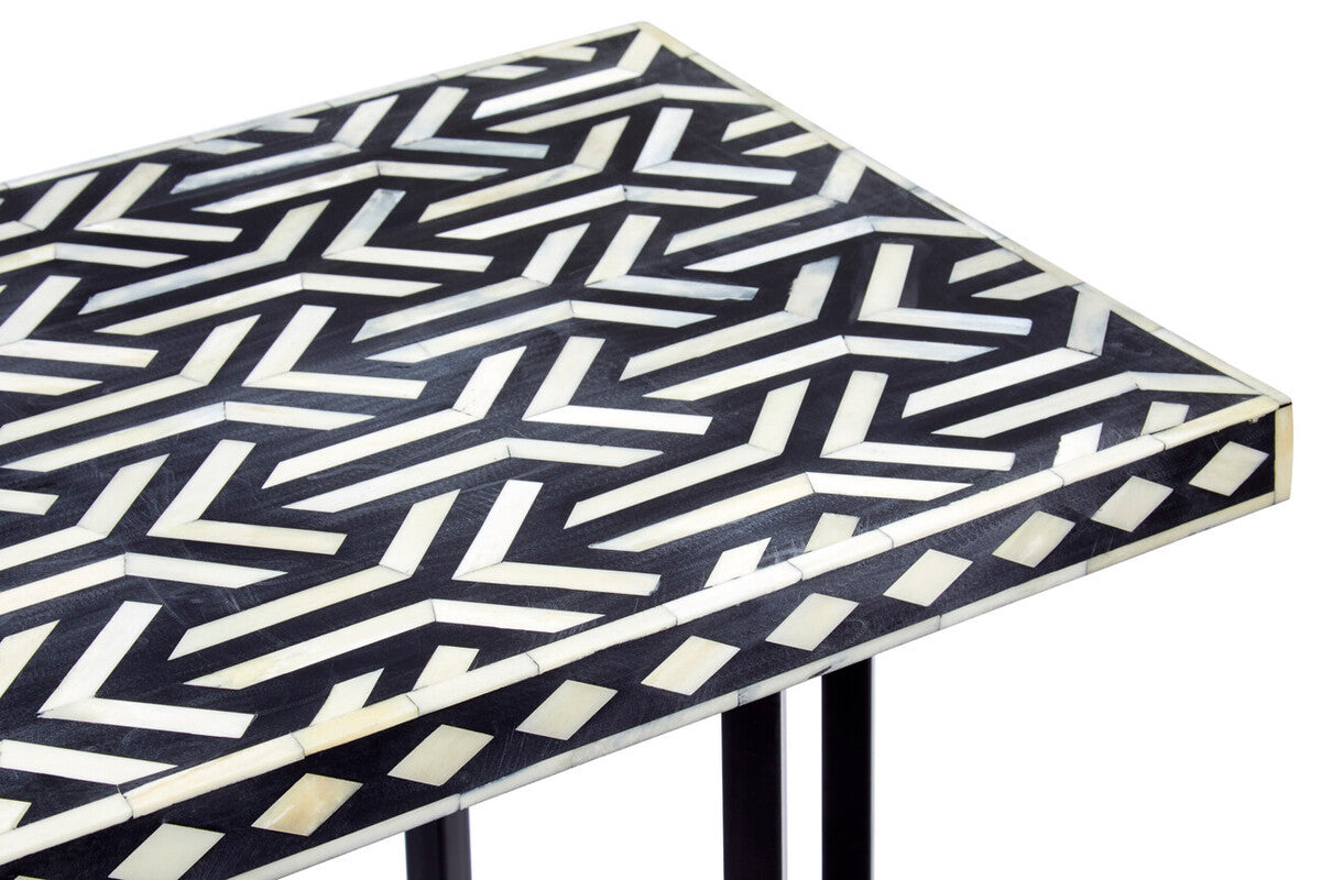 Boho Black and White Bone Inlay Console Table With Metal Base