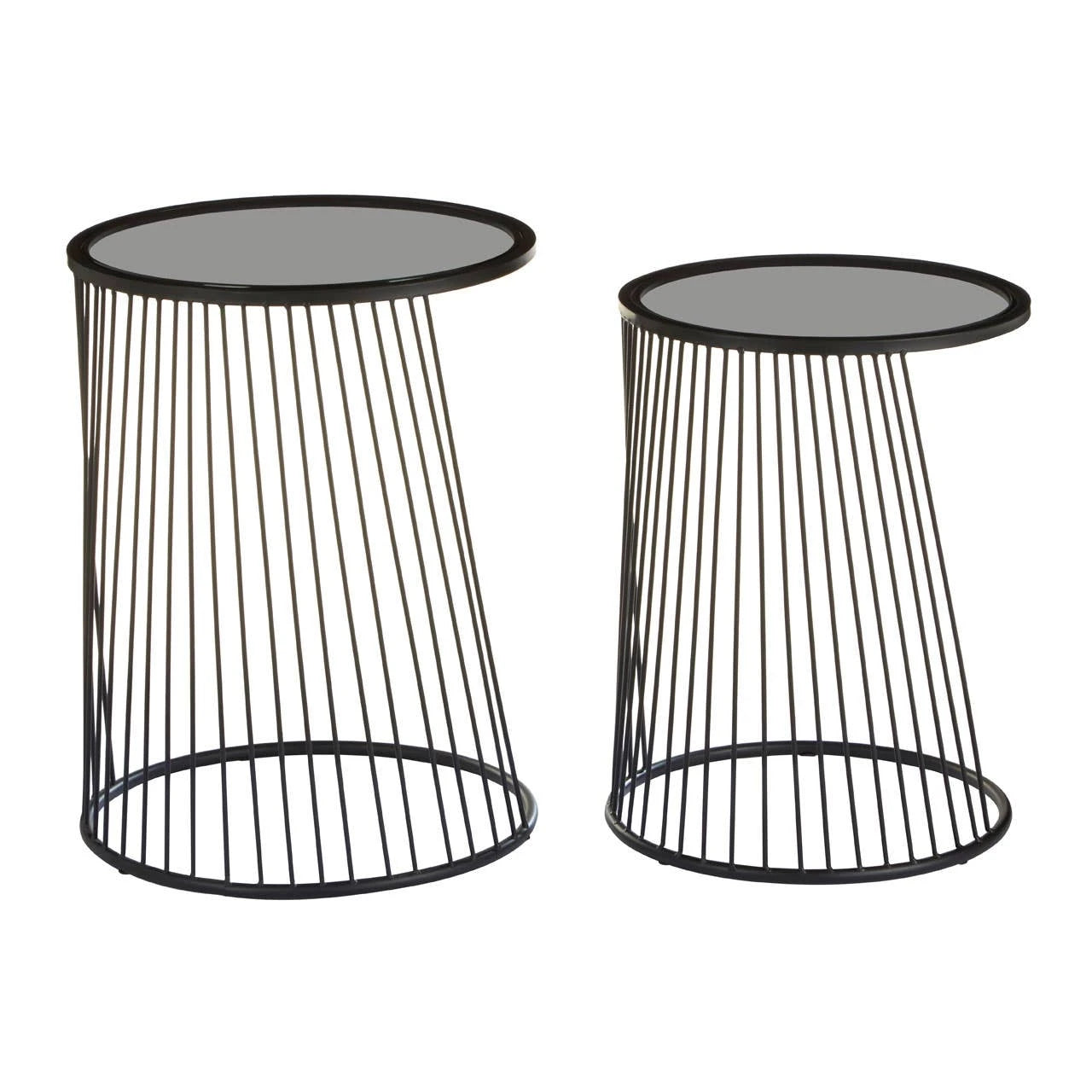 Trento Black Set of 2 Round Side Tables with Glass Tops