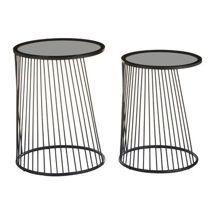 Trento Black Set of 2 Round Side Tables with Glass Tops