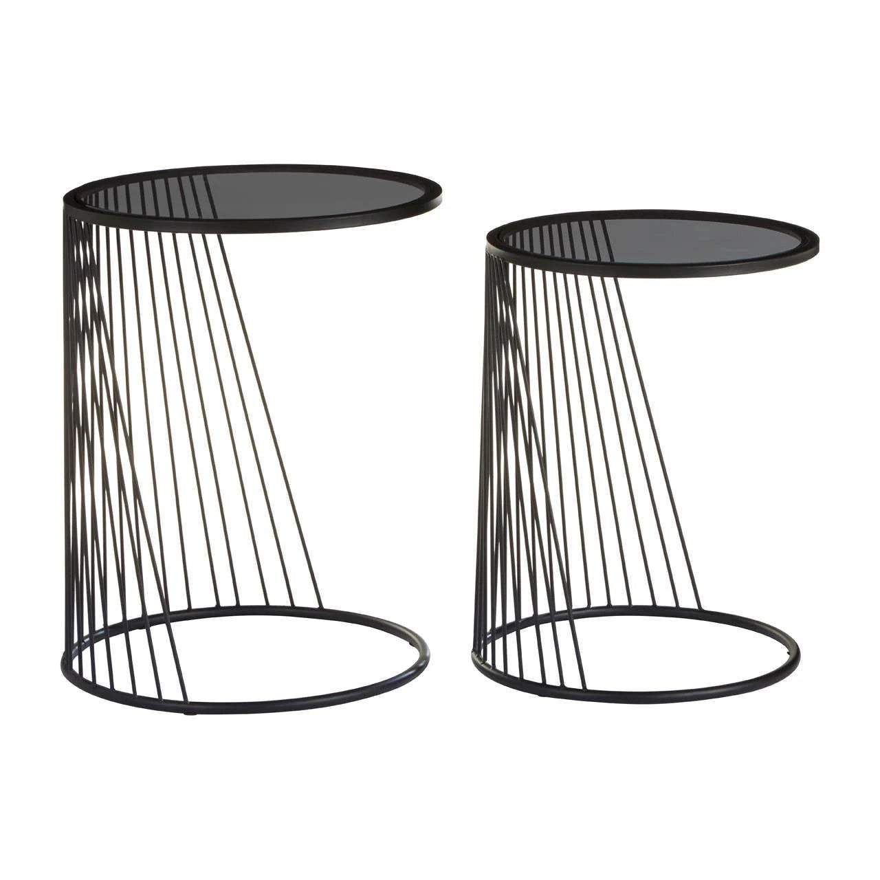 Trento Black Set of 2 Round Side Tables with Glass Tops