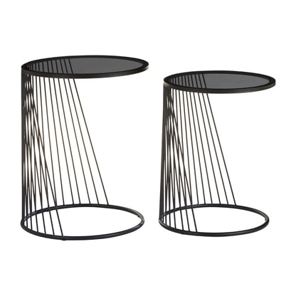 Trento Black Set of 2 Round Side Tables with Glass Tops