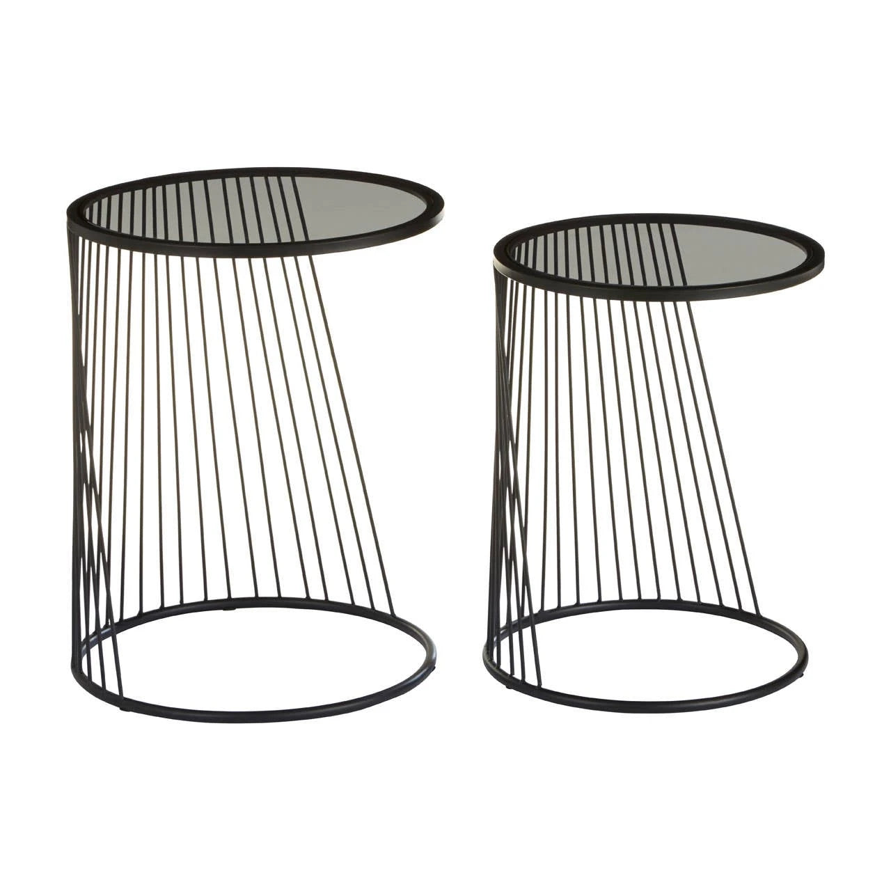 Trento Black Set of 2 Round Side Tables with Glass Tops