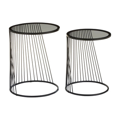 Trento Black Set of 2 Round Side Tables with Glass Tops