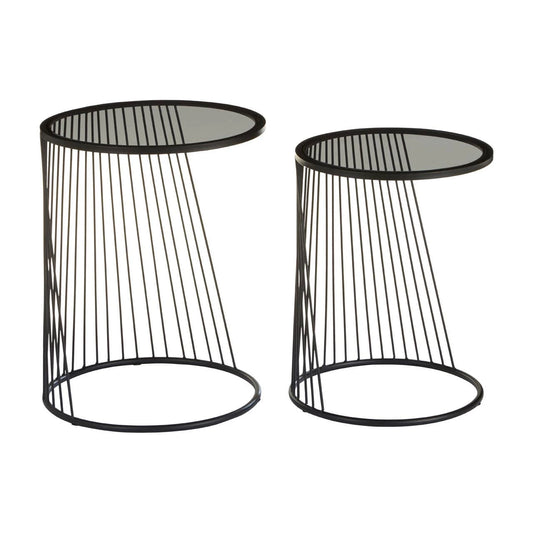 Trento Black Set of 2 Round Side Tables with Glass Tops