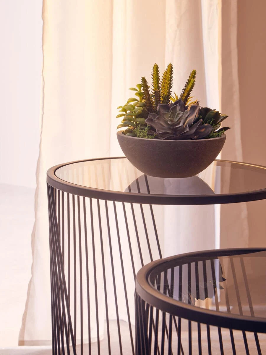 Trento Black Set of 2 Round Side Tables with Glass Tops