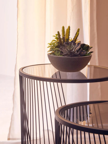 Trento Black Set of 2 Round Side Tables with Glass Tops