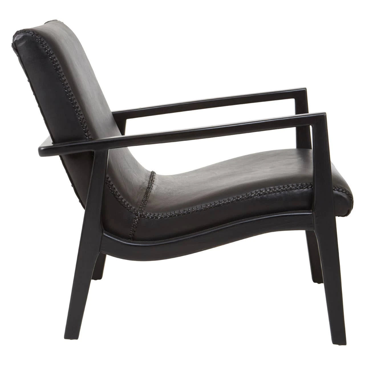 Kendari Black Leather and Teak Wood Armchair