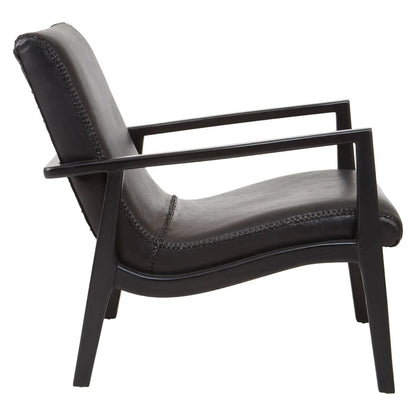 Kendari Black Leather and Teak Wood Armchair