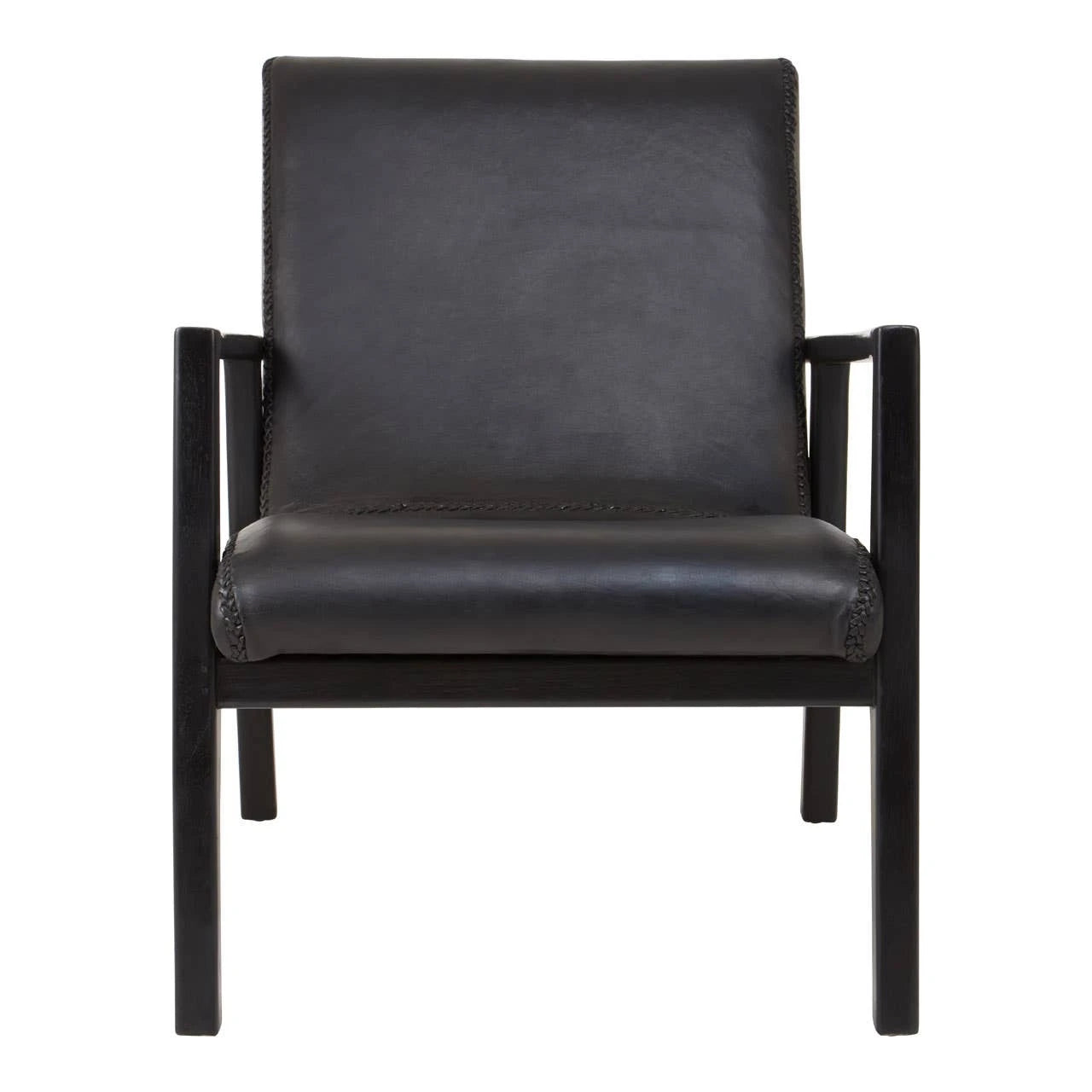 Kendari Black Leather and Teak Wood Armchair
