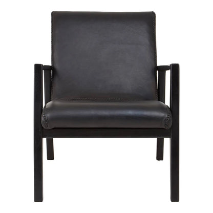 Kendari Black Leather and Teak Wood Armchair