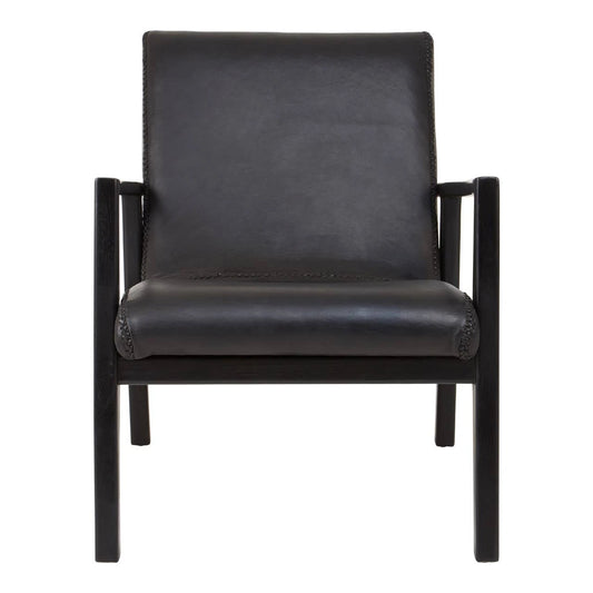 Kendari Black Leather and Teak Wood Armchair