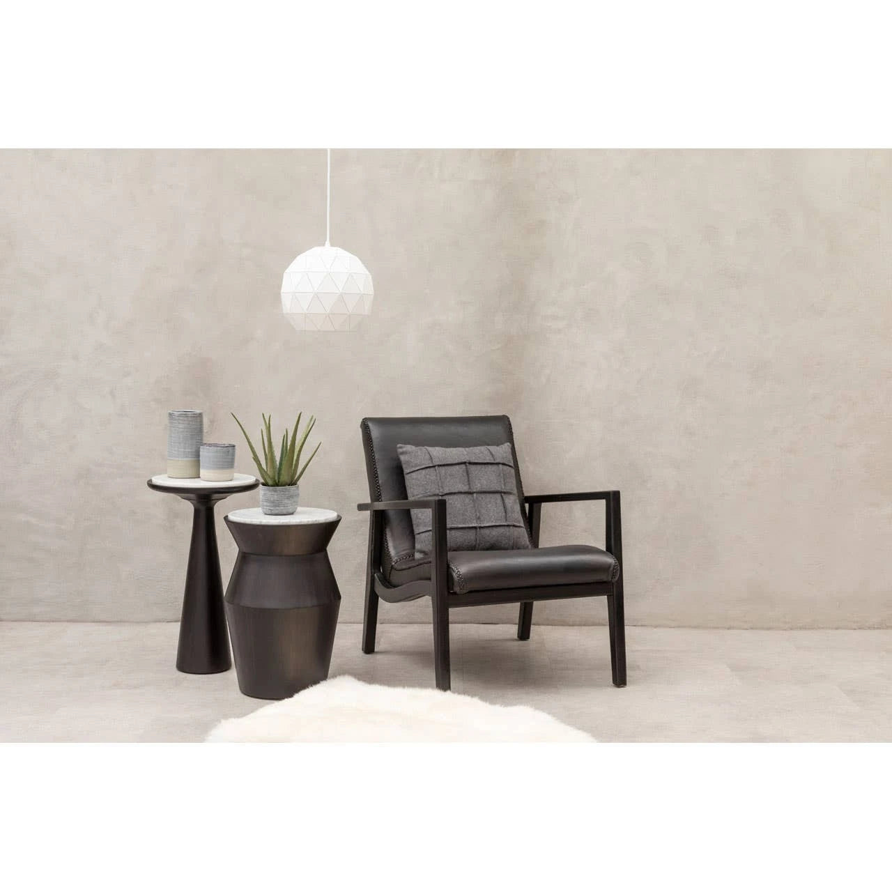 Kendari Black Leather and Teak Wood Armchair