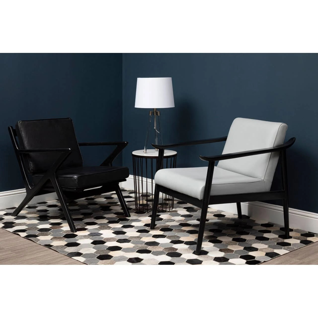 Kendari Black Leather and Teak Wood Frame Armchair
