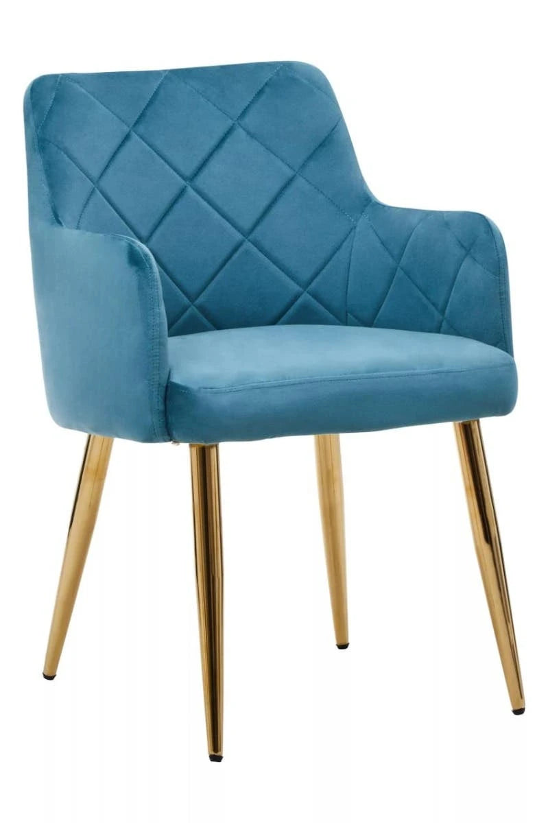 Tamzin Light Blue Velvet Quilted Dining Chair with Gold Finish Legs